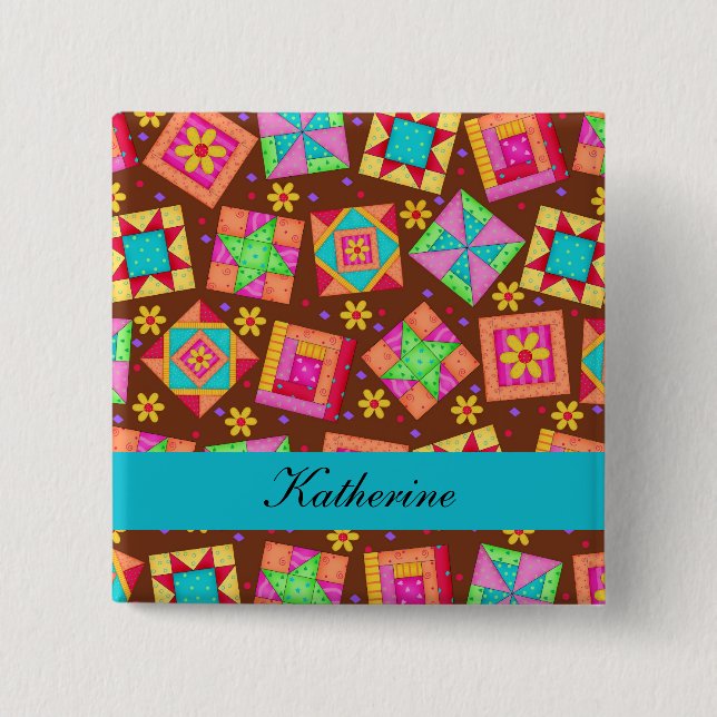 Brown Turquoise Blue Patchwork Quilt Name Badge 2 Inch Square Button (Front)