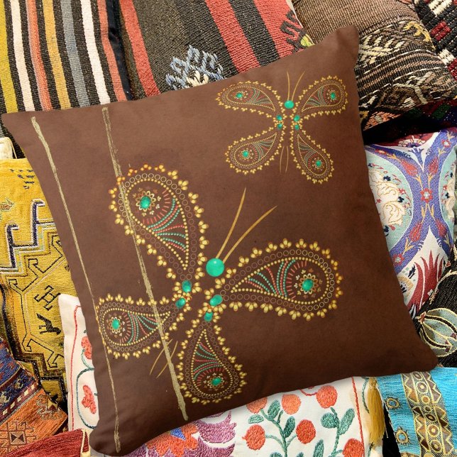 Brown Turquoise Boho Butterfly Double Sided Throw Pillow (Creator Uploaded)