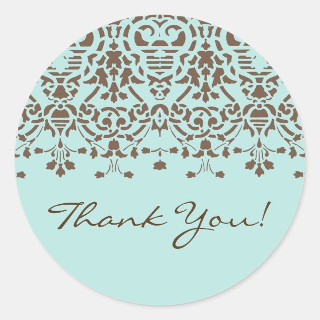 Brown & Turquoise Damask Thank You Sticker (Front)