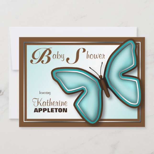 Brown Turquoise Papillon Baby Douche Invitations (Devant)