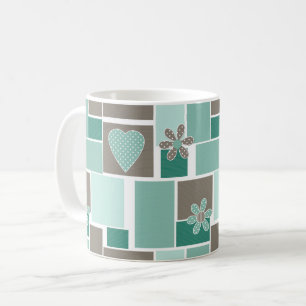Brown turquoise patchwork of square patches coffee mug
