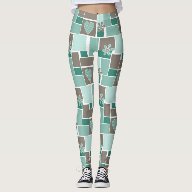 Brown turquoise patchwork of square patches  leggings (Front)