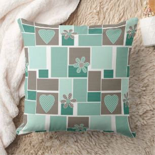 Brown turquoise patchwork of square patches  throw pillow