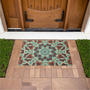 Brown Turquoise Red Orange Mandala Star Art Doormat