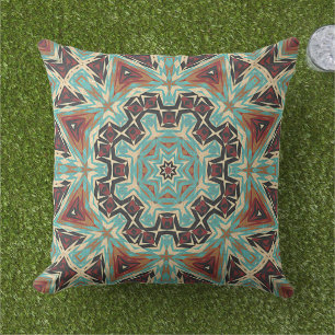 Brown Turquoise Red Orange Mandala Star Art Outdoor Pillow