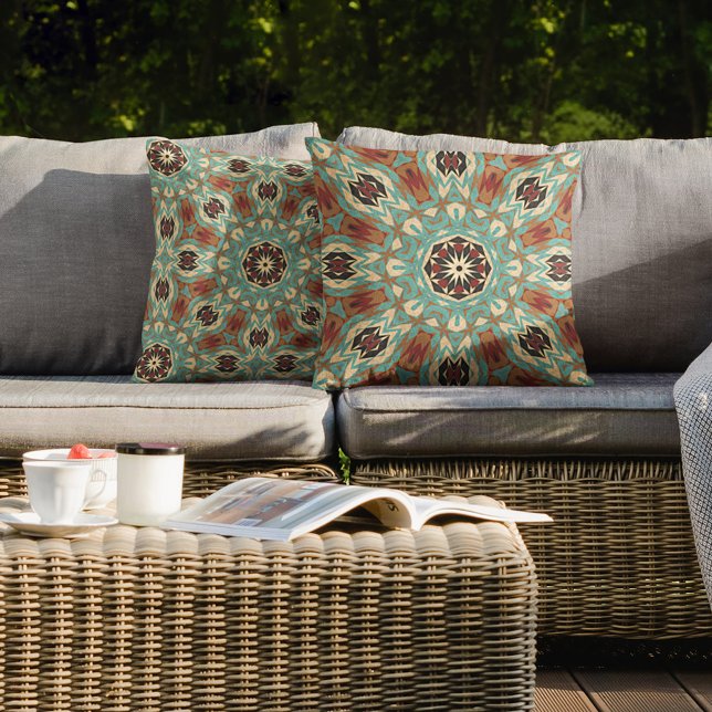 Brown Turquoise Red Orange Mandala Tribal Art Outdoor Pillow (Creator Uploaded)
