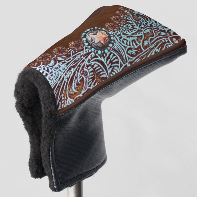 brown turquoise western country leather pattern golf head cover (3/4 Front)