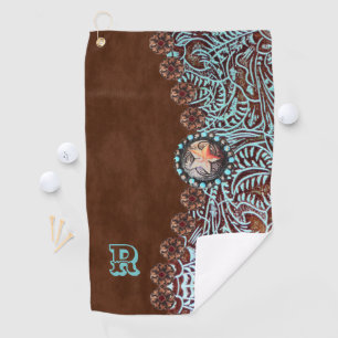 brown turquoise western country pattern monogram golf towel