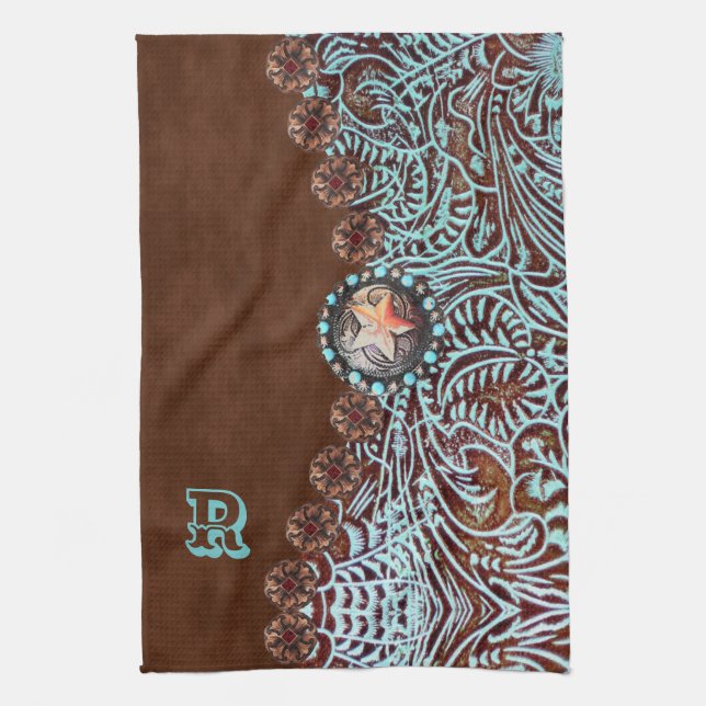 brown turquoise western country pattern monogram kitchen towel (Vertical)