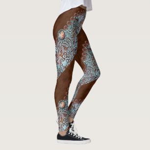 brown turquoise western country tooled leather leggings