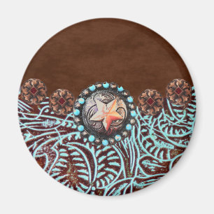 brown turquoise western country tooled leather magnet