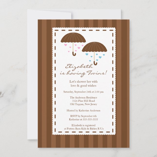 Brown Umbrella Twins Baby Shower Invitation (Front)