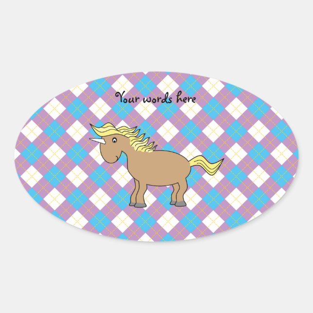 Brown unicorn on purple and blue argyle background oval sticker (Front)