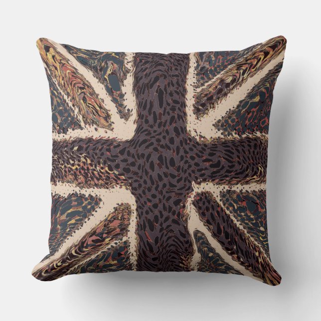 Brown Union Jack Liquid Art, Wild Animal Patterned Throw Pillow (Front)