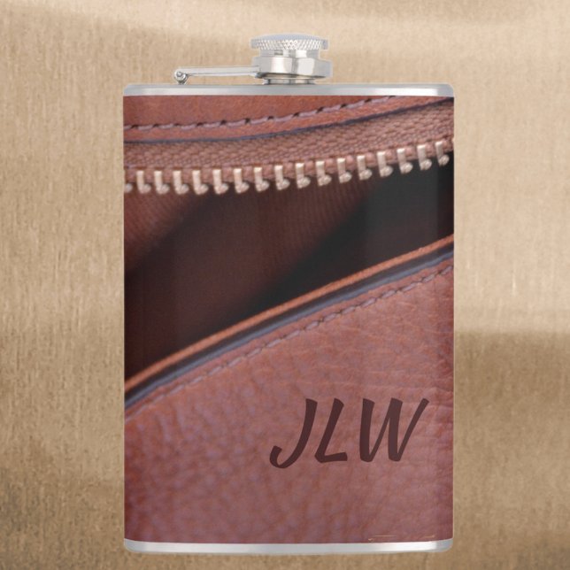 Brown Unzipped faux Leather Initials Photographic Hip Flask (Creator Uploaded)