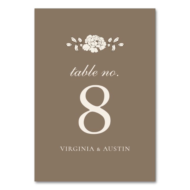 Brown Vintage Botanical Wedding Table Number (Front)