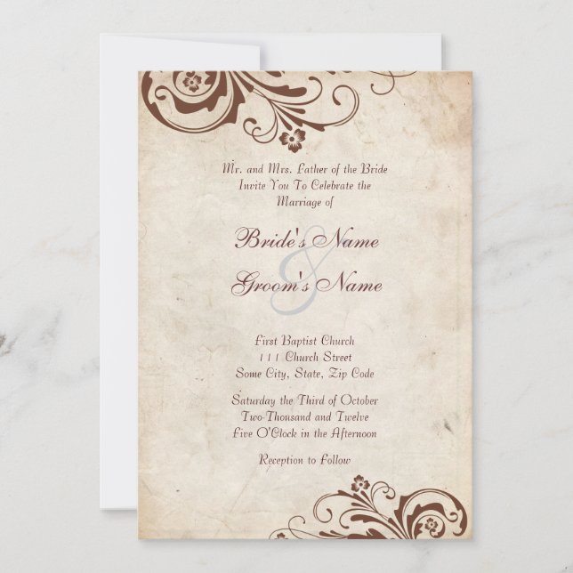 Brown Vintage Floral Chic Wedding Invitation (Front)