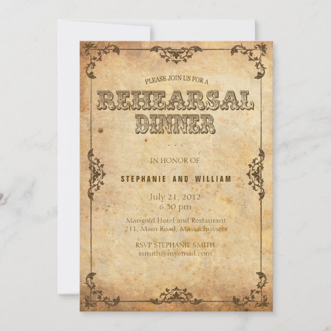 Brown Vintage Floral Rehearsal Dinner Card (Front)