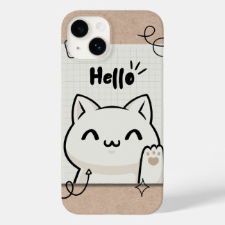 Brown vintage hello cat cute design aesthetic Case-Mate iPhone 14 case