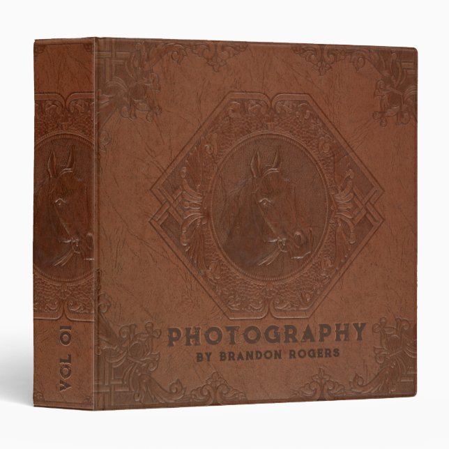 Brown vintage leather embossed horse head binder (Front/Spine)