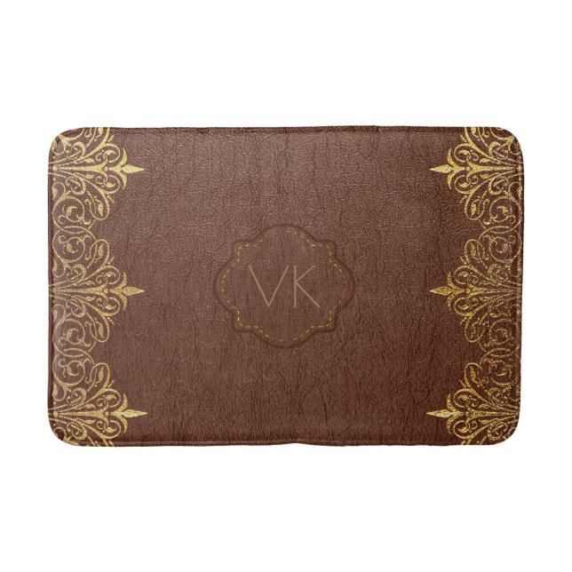 Brown Vintage Leather & Gold Swirly Frame Bath Mat (Front)