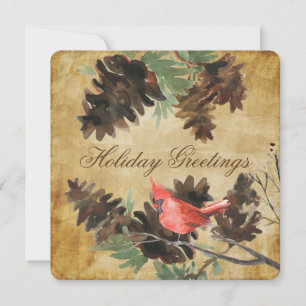 Brown w. Red Cardinal Pine Cones Holiday Card