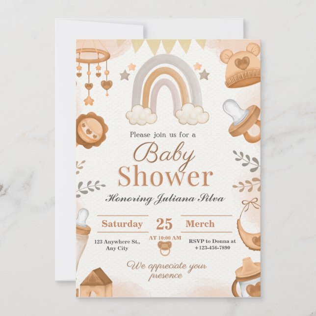 Brown watercolor baby shower invitations  (Front)