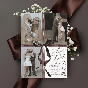 Brown Watercolor Bow Modern 3 Multi-Photo Wedding Save The Date