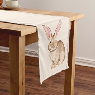 Brown Watercolor Bunny With Big Ears Beige Easter Short Table Runner