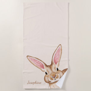 Brown Watercolor Bunny With Big Ears Cute Easter Beach Towel
