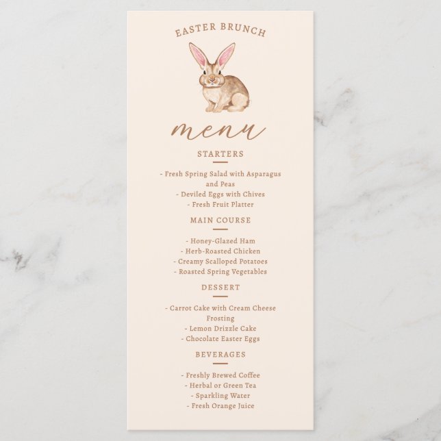 Brown Watercolor Bunny With Ears On Beige Easter Menu (Front)