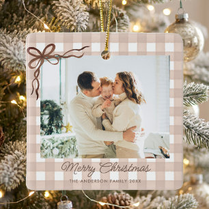 Brown Watercolor Gingham Christmas Photo Ceramic Ornament