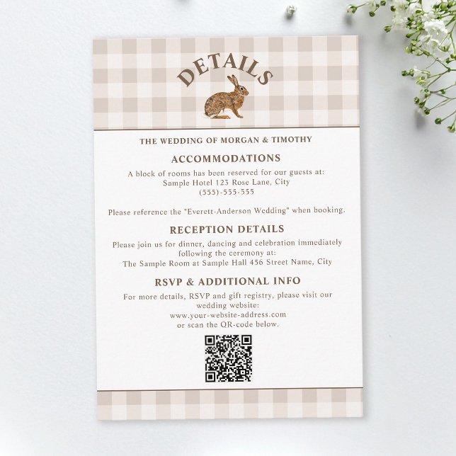 Brown Watercolor Hare On Beige Gingham Rustic Enclosure Card (Creator Uploaded)