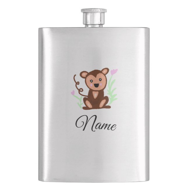 brown watercolor monkey animal add name text hip flask (Front)