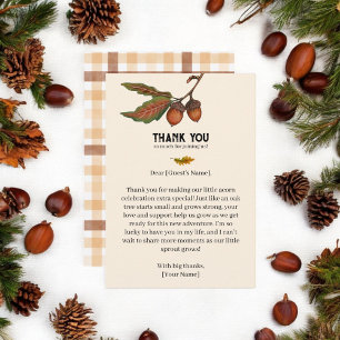 Brown Watercolor Plaid Fall Acorn Baby Shower  Thank You Card