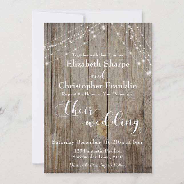 Brown Weathered Wood and White Lights Wedding Invitation (Front)