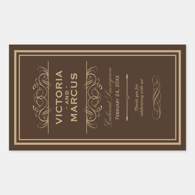 Brown Wedding Wine Bottle Monogram Favour Sticker (Front)