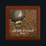 Brown Western Saddle Country Wedding Gift Box<br><div class="desc">Customize the charming Brown Western Saddle Country Wedding Gift Box with the personal names of the bride and groom and ranch style marriage ceremony date to create a keepsake gift for the newlyweds or a thank you gift for your wedding attendants, bridesmaids and bridal party. This rustic chic custom equestrian...</div>