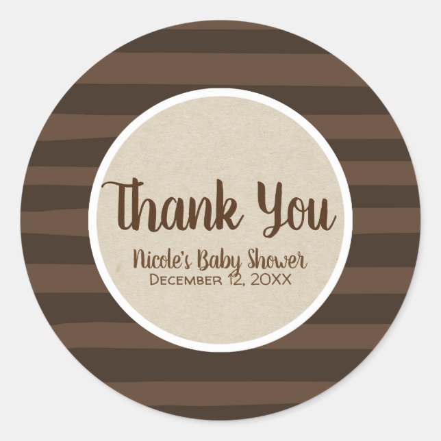 Brown Whimsical Stripes Rustic Kraft Party Favour Classic Round Sticker (Front)