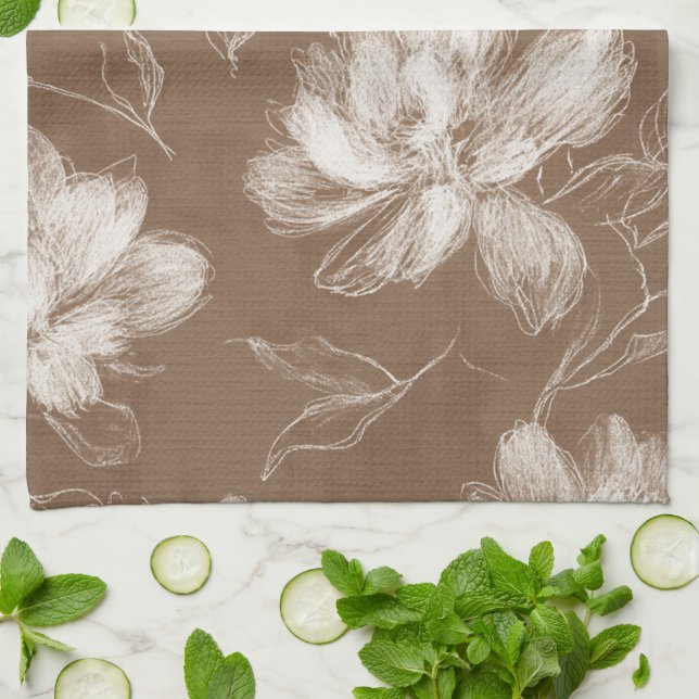Brown White Abstract Flowers Kitchen Towel (Folded)