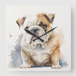 BROWN & WHITE ADORABLE BULLDOG DOG SQUARE WALL CLOCK