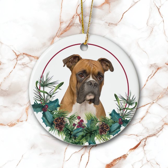Brown White Boxer Dog Evergreen Wreath Ceramic Ornament (Creator Uploaded)