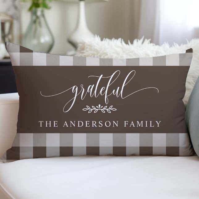 Brown & White Buffalo Check Grateful Personalized Lumbar Pillow (Creator Uploaded)