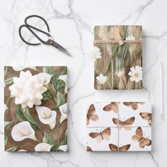 Brown White Calla Lily Floral Bridal Shower Wrapping Paper Sheet (Front)