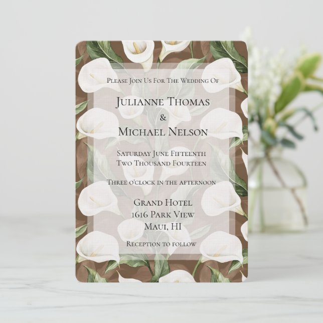 Brown White Calla Lily Floral Wedding Invitation (Standing Front)