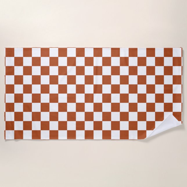 Brown White Chequered Check Pattern Beach Towel (Front)