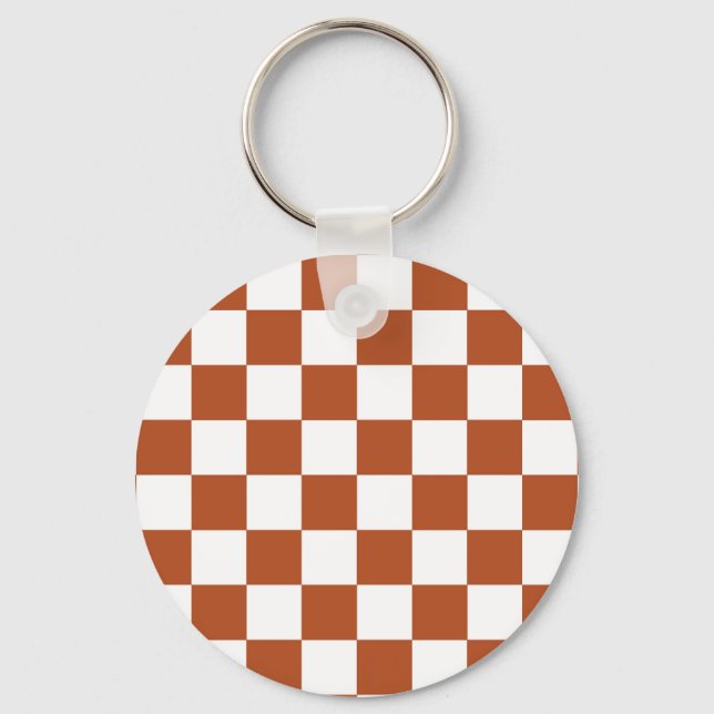 Brown White Chequered Check Pattern Keychain (Front)