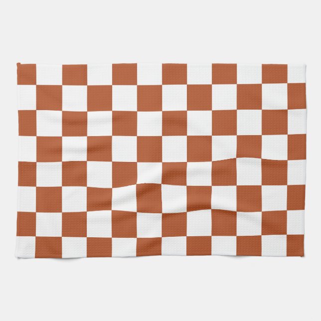 Brown White Chequered Check Pattern Kitchen Towel (Horizontal)