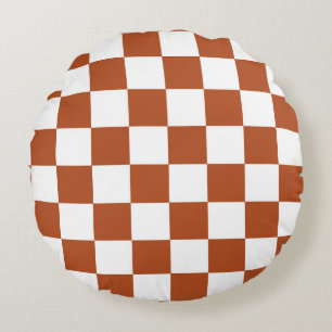 Brown White Chequered Check Pattern Round Pillow