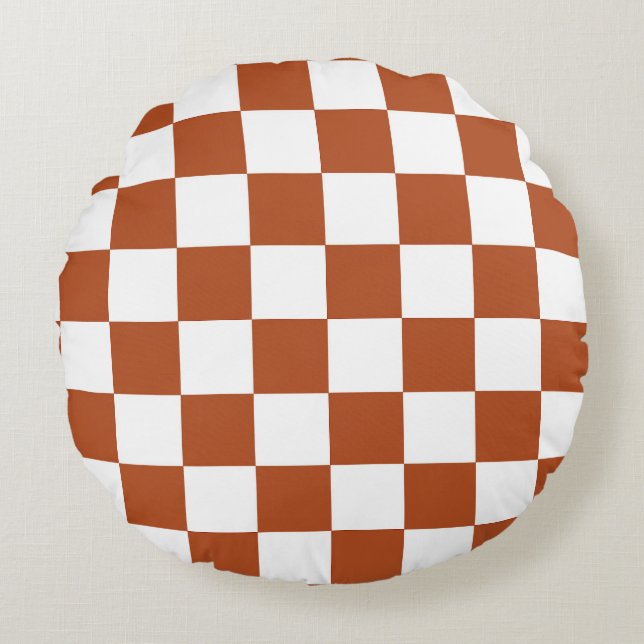 Brown White Chequered Check Pattern Round Pillow (Front)